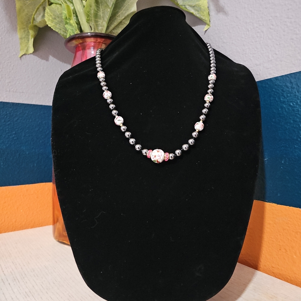 Hematite & Cloisonné Beaded Necklace | Black & Floral Beads | 14” Drop